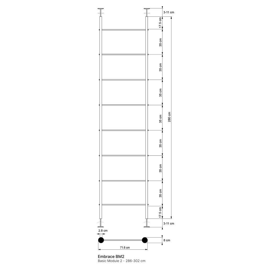 Plano técnico de WoodUpp del módulo básico Embrace BM2: estructura de dos postes verticales tensores con varios estantes horizontales, fijaciones techo-suelo ajustables, dimensiones marcadas (alto 286–302 cm, hueco entre postes 71.6 cm, separaciones 35 cm). Detalle de diámetros y pies de apoyo.